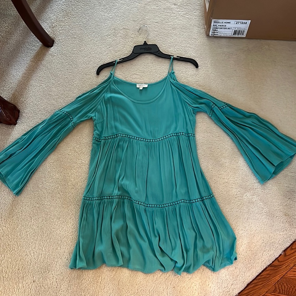 Teal Long Sleeve Dress, Cutout Shoulders